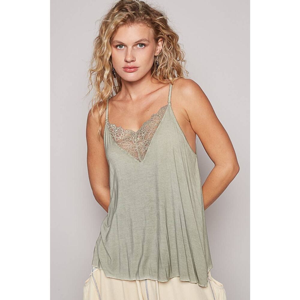 Adjustable Strap Lace Detail Camisole Casual Tank Top Sage Green